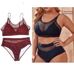 Women’s 2pc Plus Size Burgundy Red Mesh Fishnet High Waisted Bikini Set Size 3XL